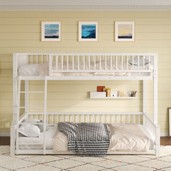 Full XL over Queen Floor Bunk Bed Frame with Ladder and Safety Guardrails, Easy Assemble, White