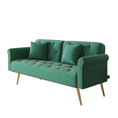 A 69.7-inch-long sofa bed covered in green velvet fabric, featuring nail head trim and accompanied by a matching throw pillow