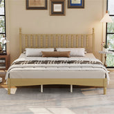 King Size Wood Platform Bed with Gourd Shaped Headboard,Retro Style Platform Bed with Wooden Slat Support,Natural