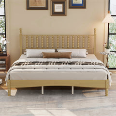 King Size Wood Platform Bed with Gourd Shaped Headboard,Retro Style Platform Bed with Wooden Slat Support,Natural