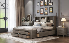 King Size Platform Bed with Storage Headboard and 8 Drawers, Gray