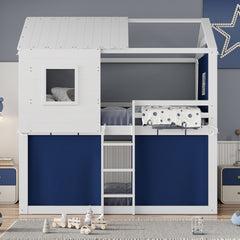 Full Size Bunk Wood House Bed with Tent, Blue+White