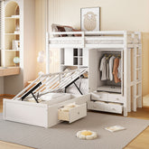Twin Bunk Bed with Drawers, Wardrobe, Storage Shelves and Hydraulic Bed,White