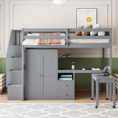 Twin Size Loft Bed with Stairs, Bookshelf, Drawers, Desk & Wardrobe – Space-Saving Multifunctional Furniture for Kids & Teens-Gray