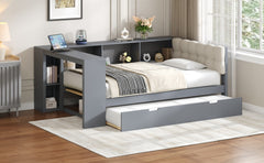 Wood Twin Size Platform Bed with Storage Shelves, Trundle, Charging Station and Upholstered Headboard, Gray