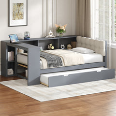 Wood Twin Size Platform Bed with Storage Shelves, Trundle, Charging Station and Upholstered Headboard, Gray