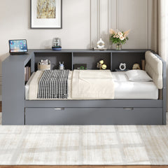 Wood Twin Size Platform Bed with Storage Shelves, Trundle, Charging Station and Upholstered Headboard, Gray
