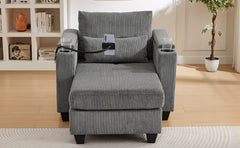 Convertible Chaise Lounge 37.4" Sofa Chair Sofa Bed Corduroy Sleeper Sofa with USB Ports , Two Cup Holders, Phone Holder and Ample Storage Space for Living Room and Bedroom, Grey