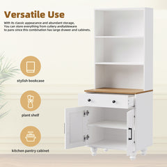 ON-TREND Farmhouse Storage Cabinet with 4 Solid Wood Gourd-Shaped Legs, Modern Kitchen Pantry Cabinet with Adjustable Shelves, 5 Tier Bookshelf with Drawer for Living Room, White