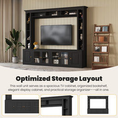4-Piece Modern Entertainment Center Wall Unit with Bookshelves, All-in-1 Large TV Stand with Tempered Glass Door for TVs Up to 80", 92inch Media Console with Adjustable Shelves for Living Room, Black