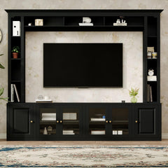 4-Piece Modern Entertainment Center Wall Unit with Bookshelves, All-in-1 Large TV Stand with Tempered Glass Door for TVs Up to 80", 92inch Media Console with Adjustable Shelves for Living Room, Black