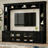 4-Piece Modern Entertainment Center Wall Unit with Bookshelves, All-in-1 Large TV Stand with Tempered Glass Door for TVs Up to 80", 92inch Media Console with Adjustable Shelves for Living Room, Black