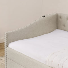 Twin Size Daybed with USB Charging & Pull-out Extendable Bed, with Button on Back and Copper Nail on Waved Shape Arms (81"x42"x30.75")