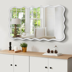 Solid Wood Wavy Rectangle Mirror-Natural-Wood 40" x 28" Modern Mirror Wall Decor for Bathroom, Bedroom, Living Room, Dining Room, Cloakroom, Entryway