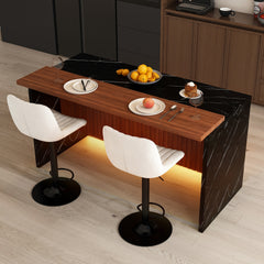 63" Modern Kitchen Island Set with 2 Beige Bar Stools - Black Marble Look Surface, LED Lighting & Grill Design for Dining Room, Open Concept Spaces, Lounge(2 Beige Bar Stools)