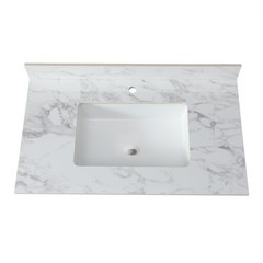 37"x22"Bathroom Vanity Top,sintered stone carra white Barthroom Vanity Sink Tops with Rectangular Undermount Ceramic Sink with Vanity Backsplash, Single Faucet Hole Bathroom Vanity Countertop
