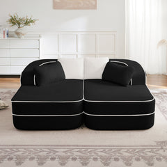 77.2" Teddy Fabric No Assembly 32D High Density sponge Boneless Sofa,Fluffy Comfy Couch with double Chaises,Sleeper sofa,Contrast color design,Symmetrical aesthetics,for Living Room,Black