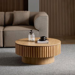 31.49'' Round Wood Coffee Table with Storage for Living Room, Modern Handcraft Drum Coffee Table, Circle Wooden Coffee Table for Small Space Apartment ASH.