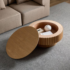 31.49'' Round Wood Coffee Table with Storage for Living Room, Modern Handcraft Drum Coffee Table, Circle Wooden Coffee Table for Small Space Apartment ASH.