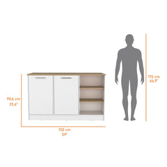 Gladiolus kitchen island in melamine, two doors, three open shelves