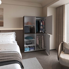 Ollie 2-Door Wardrobe with Open Storage, Grey Walnut and White