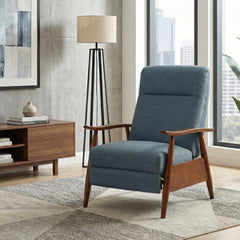 Tustin Wood Arm Push Back Recliner in Performance Fabric - Denim