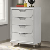 Contemporary Glam Pearl White 1pc Chest of Drawers Acrylic Handles Embossed Panels English Dovetails 5-Drawers Tall Dresser