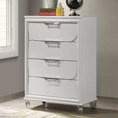 Contemporary Glam Pearl White 1pc Chest of Drawers Acrylic Handles Embossed Panels English Dovetails 5-Drawers Tall Dresser