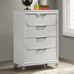 Contemporary Glam Pearl White 1pc Chest of Drawers Acrylic Handles Embossed Panels English Dovetails 5-Drawers Tall Dresser