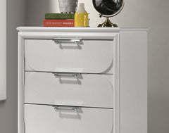 Contemporary Glam Pearl White 1pc Chest of Drawers Acrylic Handles Embossed Panels English Dovetails 5-Drawers Tall Dresser