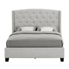1pc King Size Upholstered Panel Bed Button Tufted Nail head Dove Gray Wood Fabric Bedroom Furniture