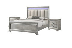 1pc King Size Panel Bed Integrated Led Lighting Tufted Headboard Wood Grain Soft Gray Finish Wooden Solid Wood Furniture