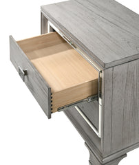 Modern Queen Size Panel Bed Nightstand 3pc Set Integrated Led Lighting Tufted Headboard Wood Grain Soft Gray Finish Wooden Solid Wood Furniture