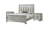 Modern King Size Panel Bed Nightstand 3pc Set Integrated Led Lighting Tufted Headboard Wood Grain Soft Gray Finish Wooden Solid Wood Furniture