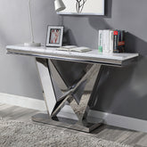 Glam Style Modern Sofa Table 1pc Stainless Steel Rectangular V-Shape Pedestal Base 18mm Faux Marble On Top Metal Structure Chroma Finish Coffee Table-Not Included