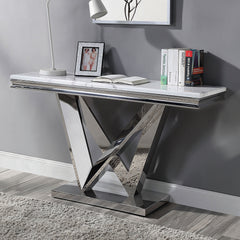 Glam Style Modern Sofa Table 1pc Stainless Steel Rectangular V-Shape Pedestal Base 18mm Faux Marble On Top Metal Structure Chroma Finish Coffee Table-Not Included