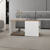 White and Natural Oak Coffee Table with Open Storage and Conical Legs