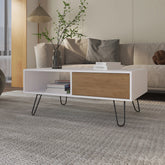 White and Natural Oak Coffee Table with 1-Drawer and Hairpin Legs