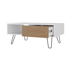 White and Natural Oak Coffee Table with 1-Drawer and Hairpin Legs