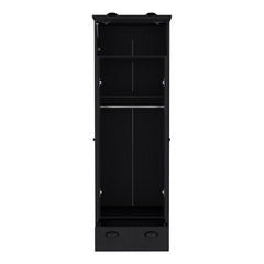 Dresser-closet with upper storage covered with 1 door, 2 central shelves, 1 tube for hanging clothes covered by 2 doors, 1 drawer at the bottom, Black