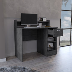 Computer Desk with Top Open Shelf, 1-Drawer and 2-Storage Shelves, Smokey Oak