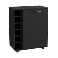 Bar -coffee cart 32" H, Kitchen or living room cabinet storage with 4 wheels, with 6 bottle racks, a central shelf covered by 1 door, ideal for storing glasses and snacks, Black