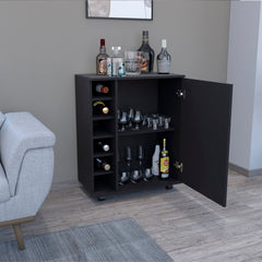 Bar -coffee cart 32" H, Kitchen or living room cabinet storage with 4 wheels, with 6 bottle racks, a central shelf covered by 1 door, ideal for storing glasses and snacks, Black