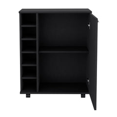 Bar -coffee cart 32" H, Kitchen or living room cabinet storage with 4 wheels, with 6 bottle racks, a central shelf covered by 1 door, ideal for storing glasses and snacks, Black