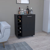 Bar -coffee cart 32" H, Kitchen or living room cabinet storage with 4 wheels, with 6 bottle racks, a central shelf covered by 1 door, ideal for storing glasses and snacks, Black