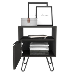 Nightstand 22"H, One Open Shelf, Single Door Cabient, Hairpin Legs, Black
