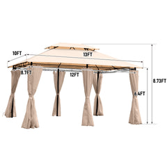 13x10 Outdoor Patio Gazebo Canopy Tent With Ventilated Double Roof And Mosquito net(Detachable Mesh Screen On All Sides),Suitable for Lawn, Garden, Backyard and Deck,KHAKI Top