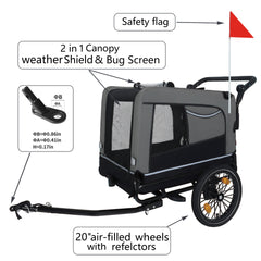 Extra Large 2-in-1 Bike Trailer & Push Cart for Pets - Detachable Bike Hitch & Push Handle Included - All-Terrain Wheels Quick Release, Non-Slip Floor, Internal Leash, Up to 88 lbs, Black- Grey