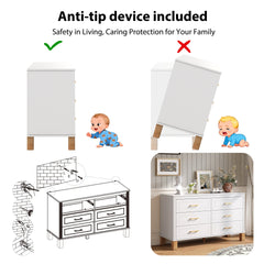 6-Drawer Double Dresser in White, Modern Storage Cabinet with Metal Handles & Solid Wood Legs, Dresser Drawer Organizer for Kids Bedroom, Heavy-Duty Wooden Dresser with Pre-Installed