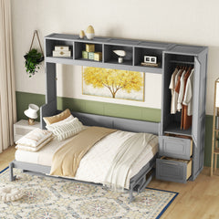 Queen Size Murphy Bed Wall Bed with Closet and Drawers,Gray